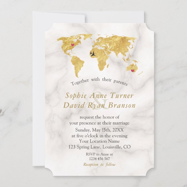 Elegant Gold World Map Destination Wedding Invitation (Front)