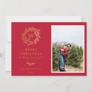 Elegant Gold Wreath Monogram Holiday Photo Card