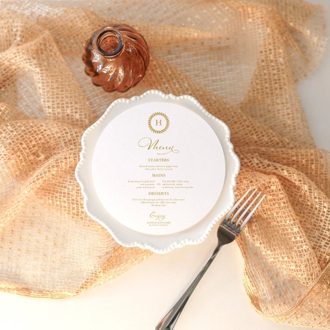 Elegant Gold Wreath Monogram Wedding Menu Card (Creator Uploaded)