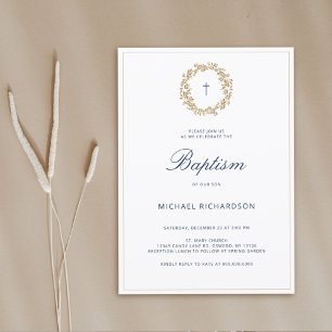 Elegant Gold Wreath Navy Cross Baptism Christening Invitation