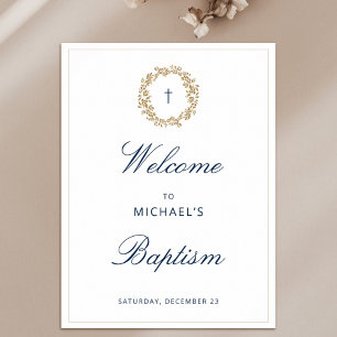 Elegant Gold Wreath Navy Cross Baptism Christening Poster