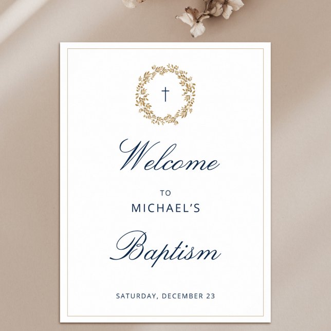 Elegant Gold Wreath Navy Cross Baptism Christening Poster (Creator Uploaded)