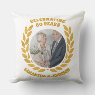 Elegant Gold Wreath Photo 60th Wedding Anniversary Cushion