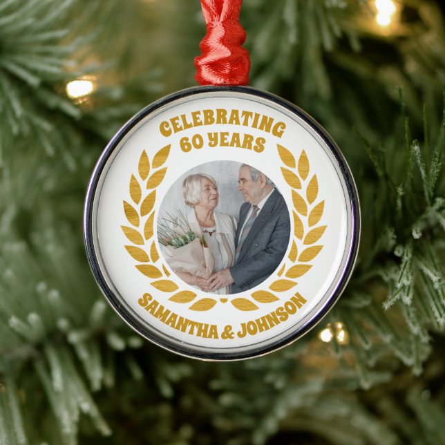 Elegant Gold Wreath Photo 60th Wedding Anniversary Metal Ornament (Tree)