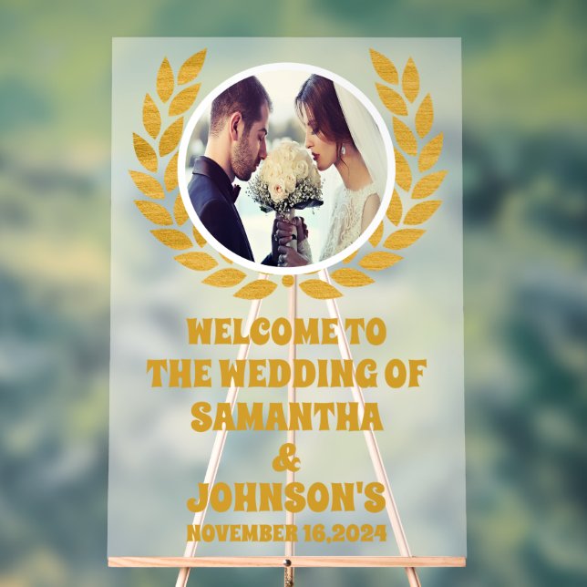Elegant Gold Wreath Photo Wedding Welcome Frosted Acrylic Sign (Neutral)