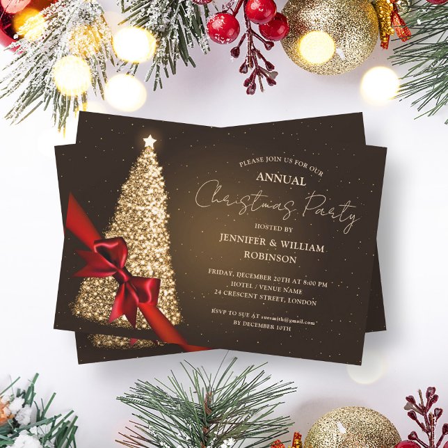 Elegant Gold Xmas Tree Ribbon Holiday Party Invitation (Elegant Gold Xmas Tree Ribbon Holiday Party Invitation)
