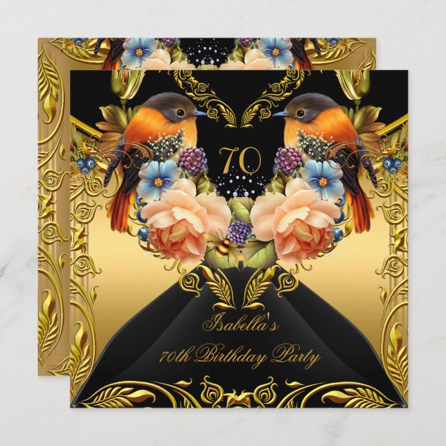 Elegant Gold Yellow Bird Black 70th Birthday Party Invitation (Front/Back)