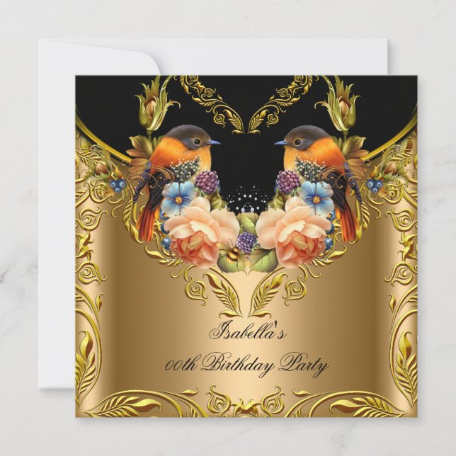 Elegant Gold Yellow Bird Black Birthday Party 2 Invitation (Front)