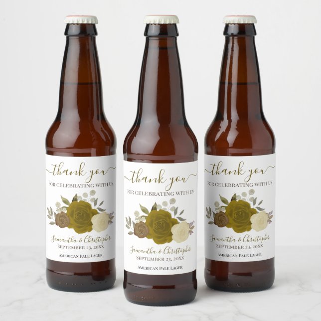 Elegant Gold & Yellow Roses Wedding Thank You Beer Bottle Label (Bottles)
