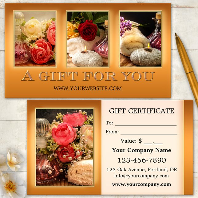 Elegant Gold Your Photos Gift Certificate (Gift certificate portfolio business card in warm gold. Great for a boutique or gift shop/retailer)