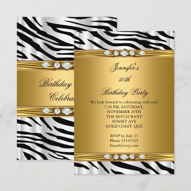Elegant Gold Zebra Black Silver Diamond Birthday 2 Invitation (Front/Back)