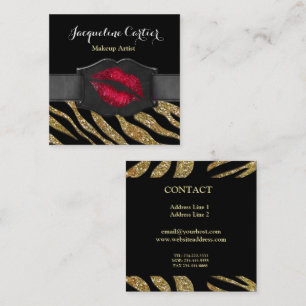 Elegant Gold Zebra Glitter Kiss Cosmetologist Square Business Card