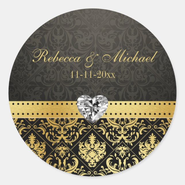 Elegant Goldand Black Damask with Diamond Heart Classic Round Sticker (Front)