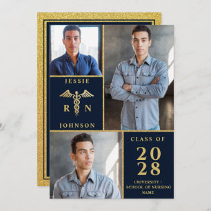 Elegant Golden 3 PHOTO Nursing Graduation Party Invitation