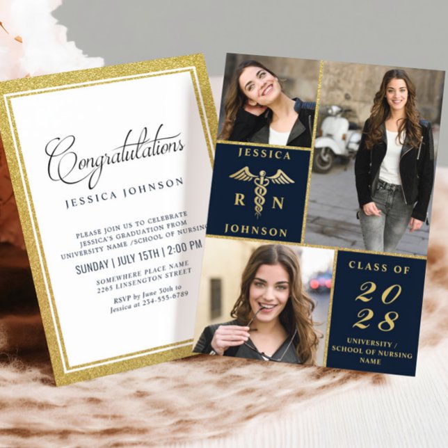 Elegant Golden 3 PHOTO Nursing Graduation Party Invitation (Creator Uploaded)