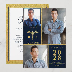 Elegant Golden 3 PHOTO Nursing Graduation Party Invitation