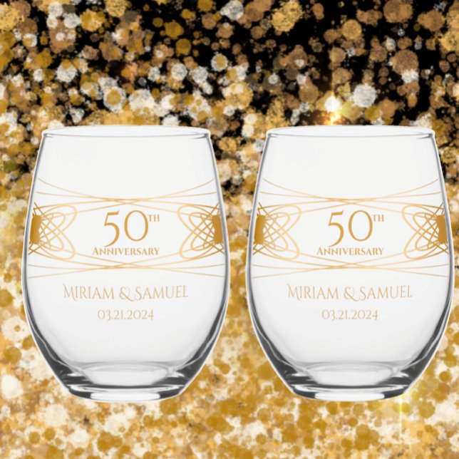 Elegant Golden 50th Anniversary Personalised Gift Stemless Wine Glass (Elegant, stylish original design for your personalized 50th golden wedding anniversary celebration.)