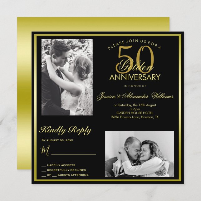 Elegant Golden 50th Wedding Anniversary Photo  Invitation (Front/Back)