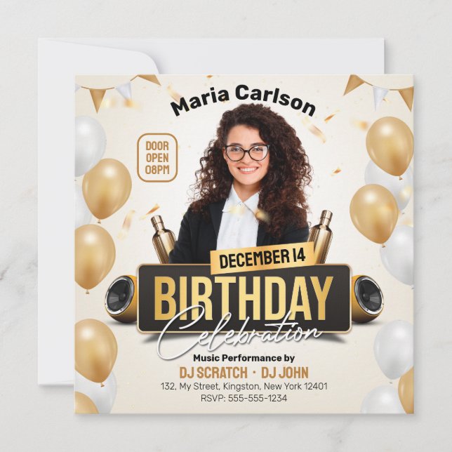Elegant Golden Adult Birthday Party Photo Invitation (Front)