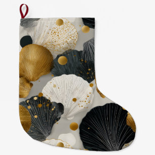 Elegant Golden and Charcoal Scallop Shell Pattern Large Christmas Stocking