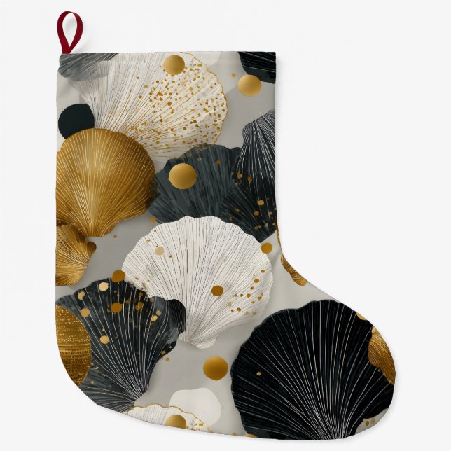 Elegant Golden and Charcoal Scallop Shell Pattern  Large Christmas Stocking (Front)