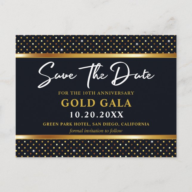 Elegant Golden And Deep Navy Gala Save The Date Postcard (Front)