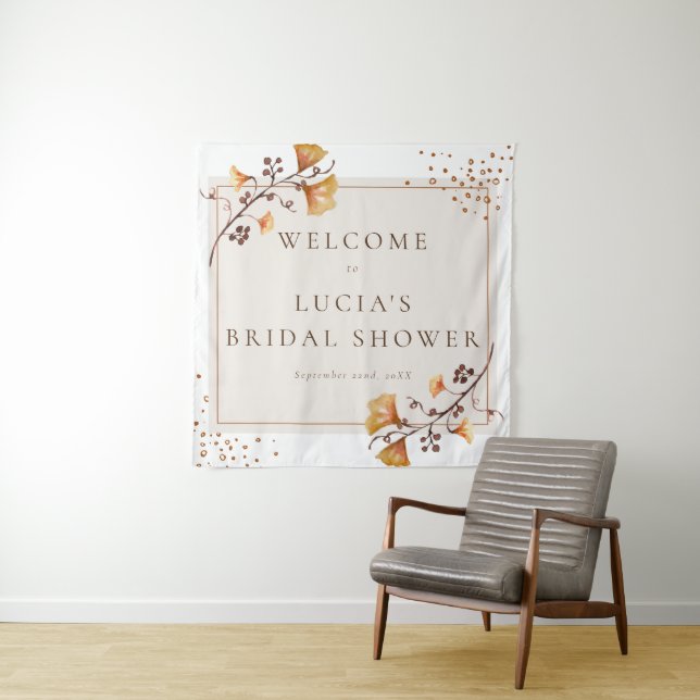 Elegant Golden Autumn Leaf Bridal Shower Welcome Tapestry (In Situ)