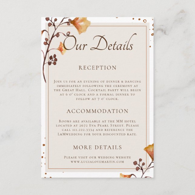 Elegant Golden Autumn Leaf Our Wedding Detail Enclosure Card (Front)