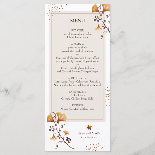 Elegant Golden Autumn Leaf Wedding Menu (Front)