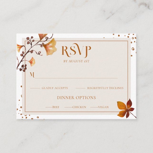 Elegant Golden Autumn Leaf Wedding RSVP Card (Front)