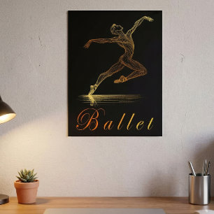 Elegant Golden Ballet Dancer Line Art Illustration Poster