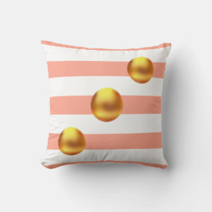 Elegant Golden Balls on Pink and White Striped Cushion
