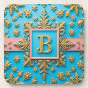 Elegant Golden Baroque Letter B on Blue Backdrop Coaster
