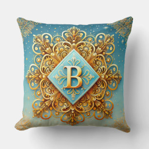 Elegant Golden Baroque Letter B on Blue Backdrop Cushion