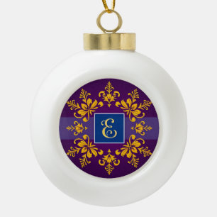 Elegant Golden Baroque Letter E Ceramic Ball Christmas Ornament