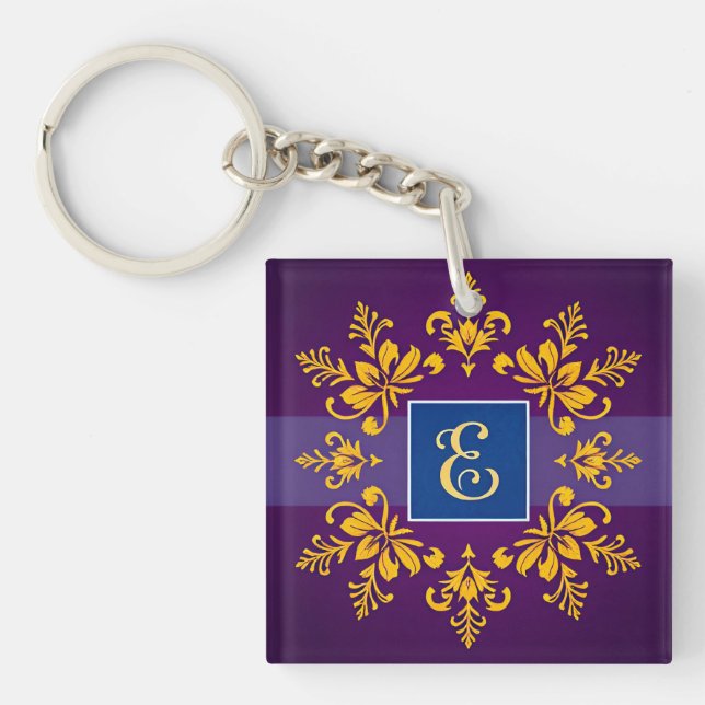 Elegant Golden Baroque Letter E Key Ring (Front)