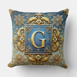 Elegant Golden Baroque Letter G on Blue Backdrop Cushion