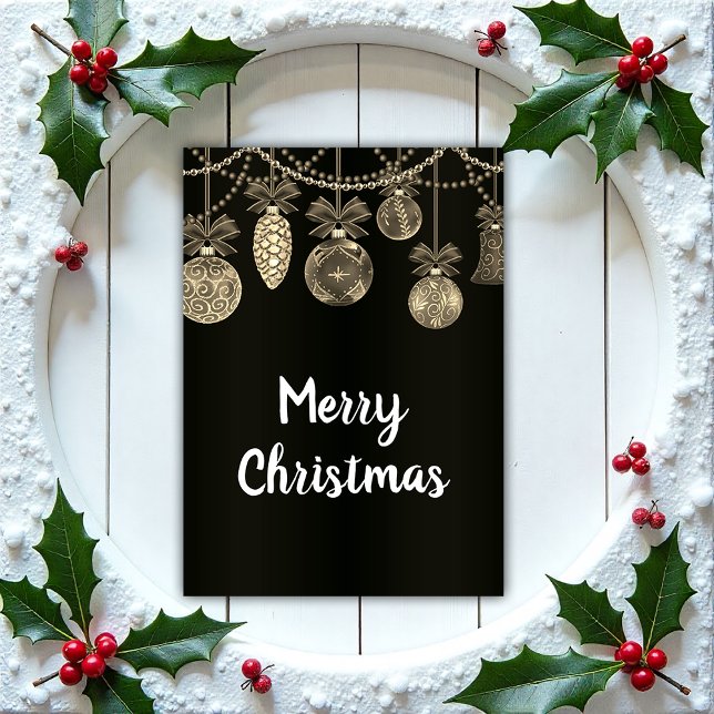 Elegant Golden Baubles on Black Christmas Card (Creator Uploaded)