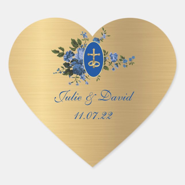 Elegant Golden Blue Wedding Floral Heart Sticker (Front)