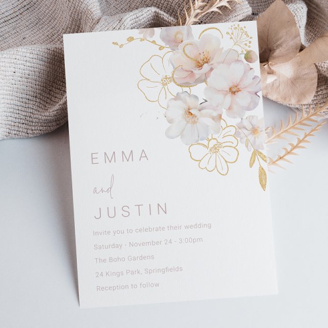 Elegant Golden Blush Botanical Wildflowers Wedding Invitation (Creator Uploaded)