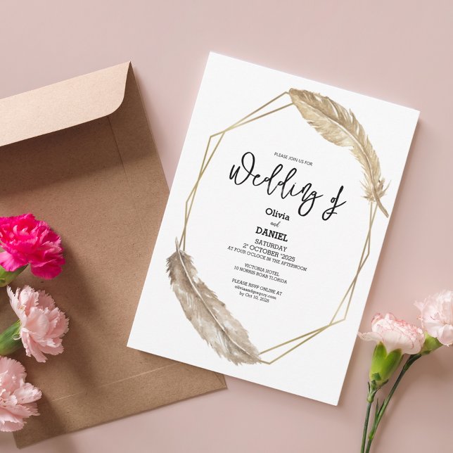 Elegant Golden Boho Feather Wedding Invitation (Creator Uploaded)