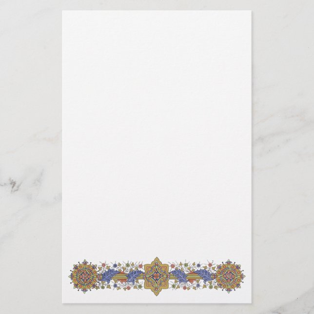 Elegant Golden Border with Blue Leaves Stationery (Front)