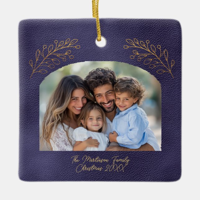 Elegant Golden Branches Arch Photo Blue Ceramic Ornament (Front)