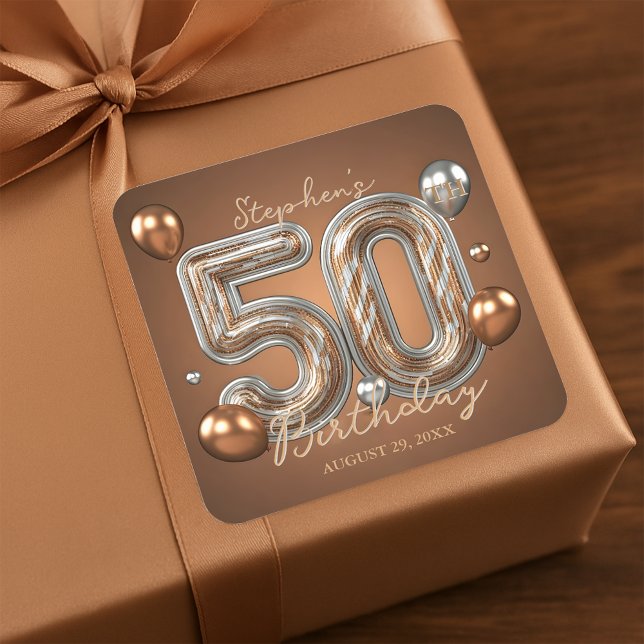 Elegant Golden Bronze Silver 50th Birthday Square Sticker (Creator Uploaded)