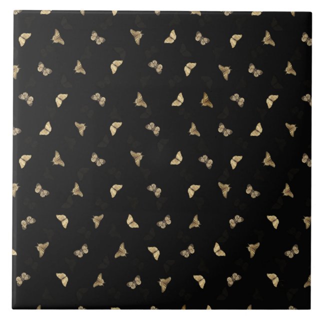 Elegant Golden Butterflies Black Pattern Ceramic Tile (Front)