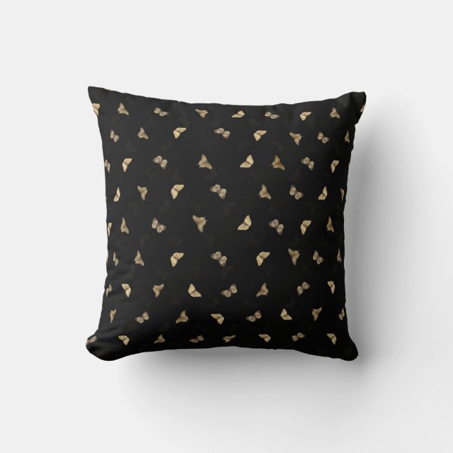 Elegant Golden Butterflies Black Pattern Cushion (Front)