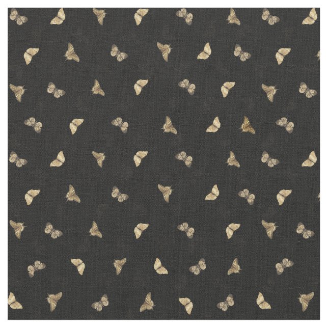 Elegant Golden Butterflies Black Pattern Fabric (Close Up)