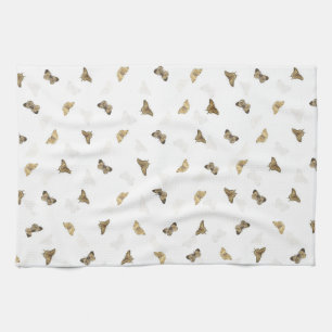 Elegant Golden Butterflies White Pattern Tea Towel