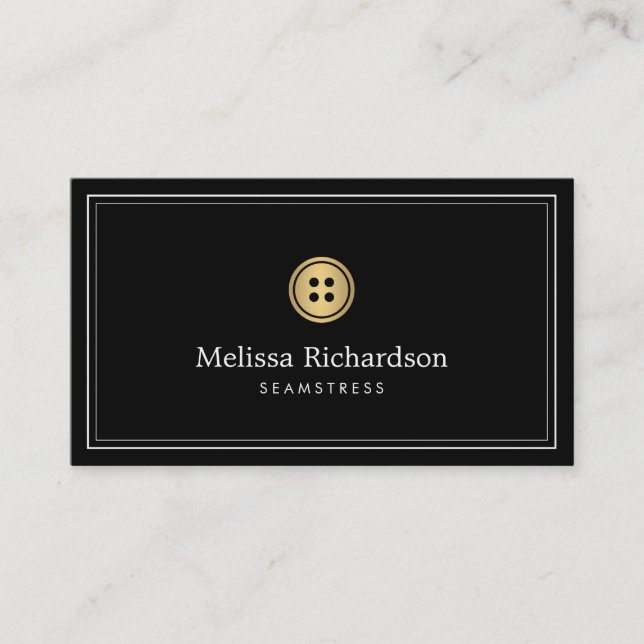 Elegant Golden Button Logo Seamstress, Tailor I Business Card (Front)