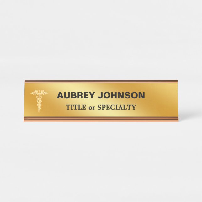 Elegant Golden Caduceus on Golden Gradient Desk Name Plate (Front)